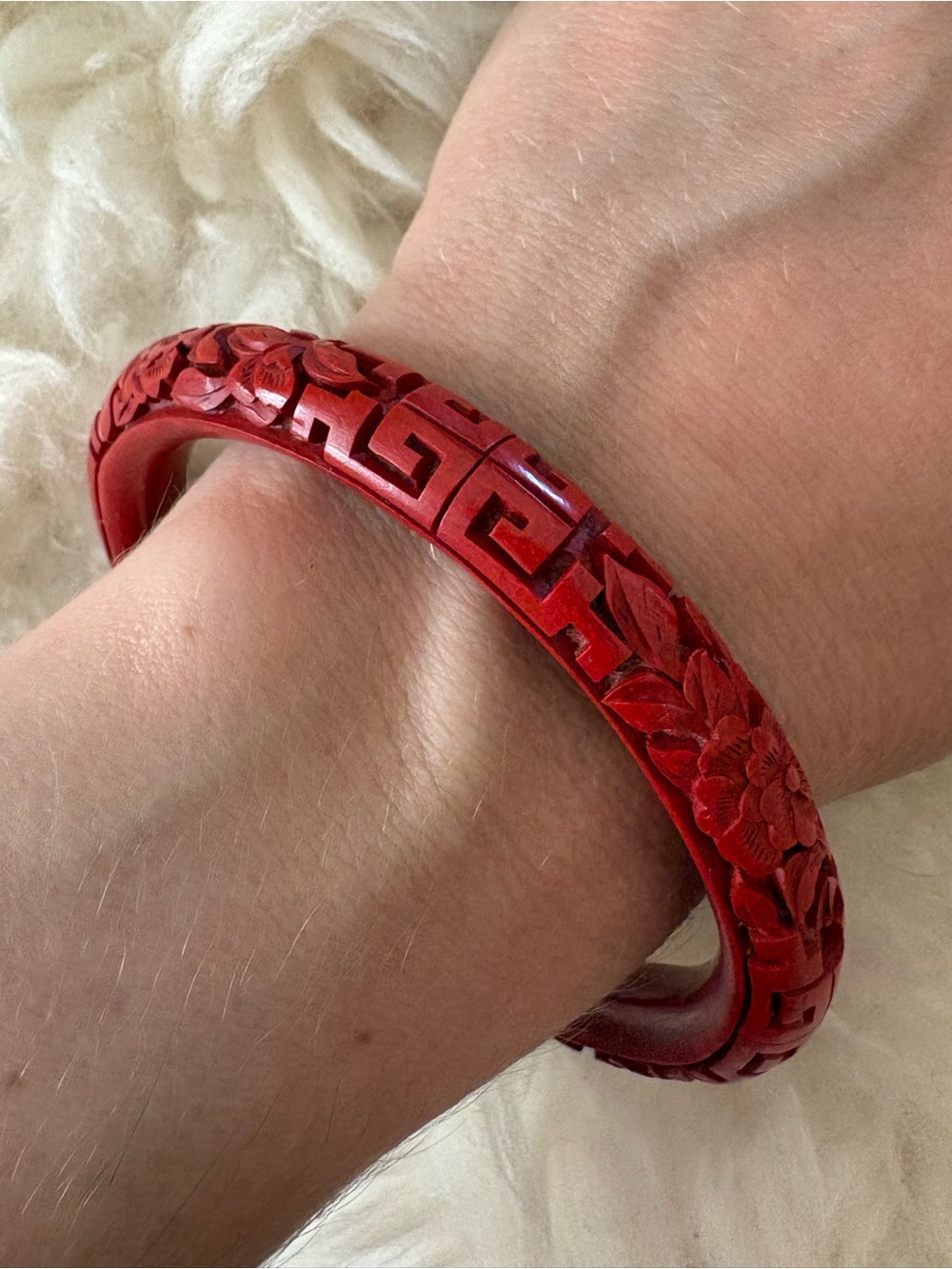 Red Cinnabar Carved Floral Geometric Bangle Cuff Bracelet - Women Jewelry